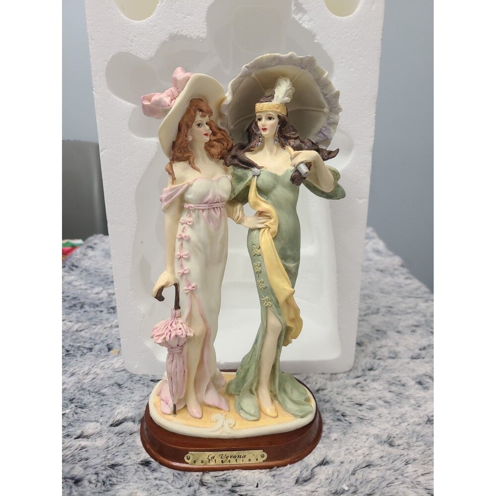 La Verona Collection Vintage Figurine Two Ladies Parasols Art Deco Wood Base New